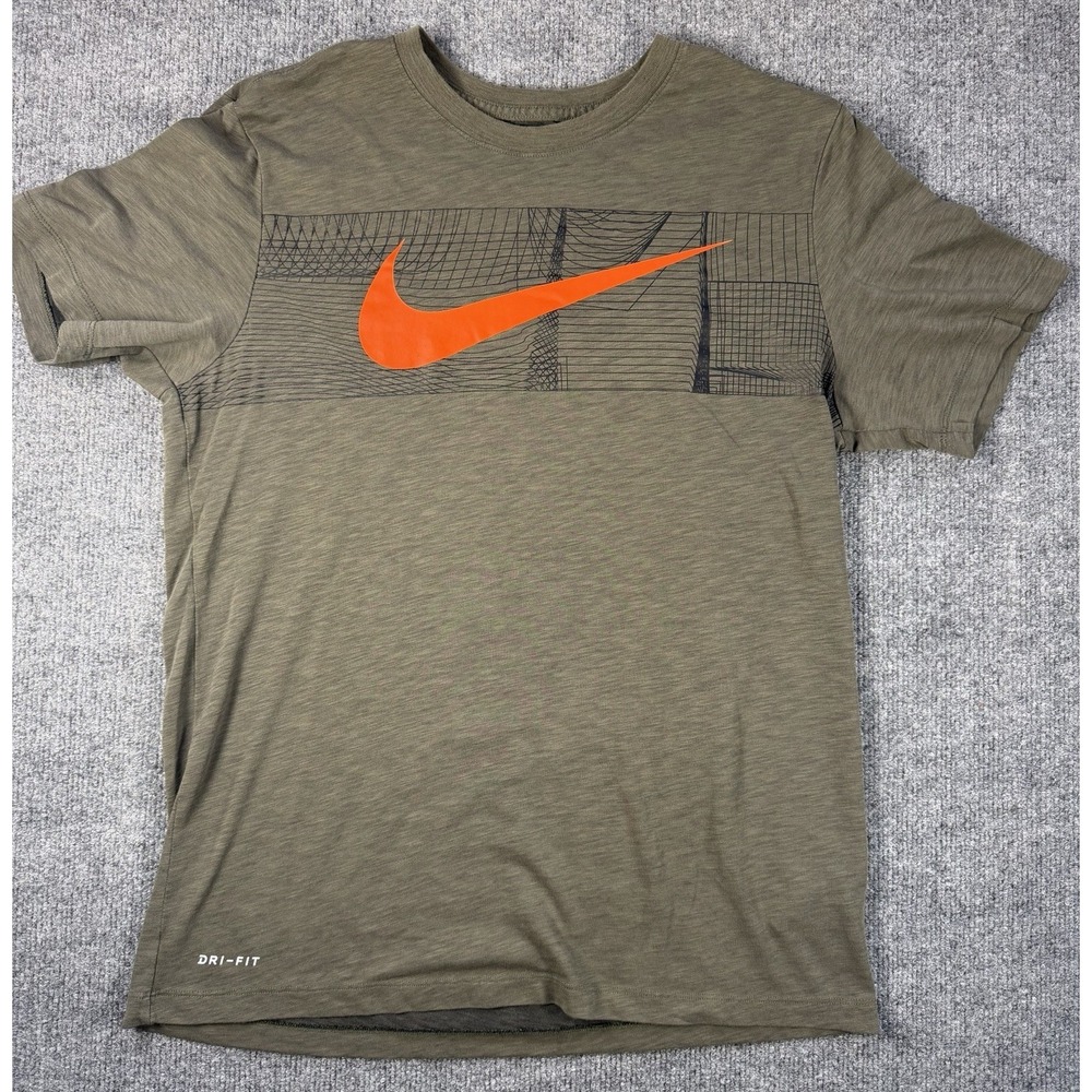 Nike Dri-FIT Men's Medium Cotton Slub Training T-Shirt Olive Green Orange Swoosh